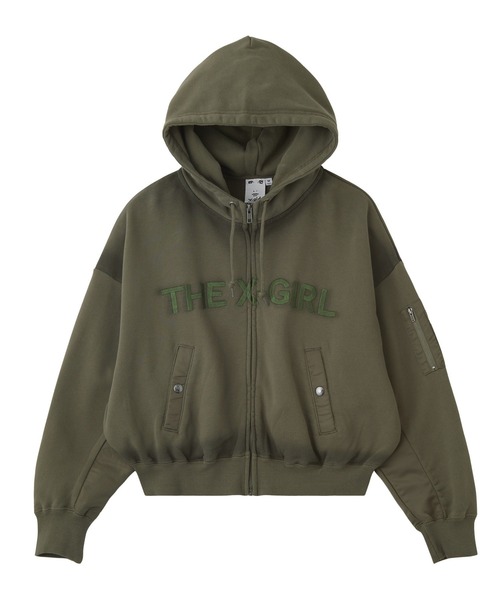X-girl(エックスガール)の「WOVEN MIX FUZZY LOGO ZIP UP SWEAT HOODIE(パーカー・レディース・オリーブ/ブラック・S/M)」の12枚目の写真