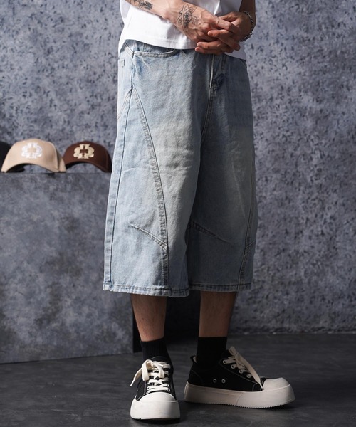 1111clothing（ワンフォークロージング）の「ワイドカーブ デニムジョーツ / Wide Curve Denim Shorts（デニムパンツ・メンズ・ネイビー/ブルー・M/L/XL）」の5枚目の写真