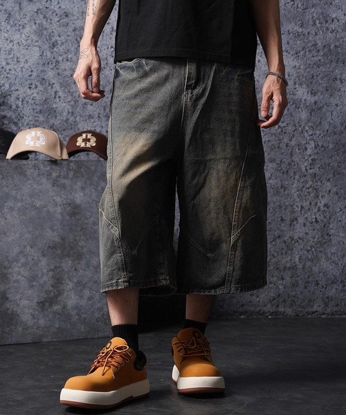 1111clothing（ワンフォークロージング）の「ワイドカーブ デニムジョーツ / Wide Curve Denim Shorts（デニムパンツ・メンズ・ネイビー/ブルー・M/L/XL）」の22枚目の写真