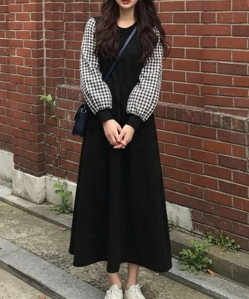 セール】ギンガムチェック袖スウェットロングワンピース（ワンピース