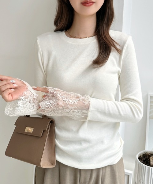 Eclat one(エクラワン)の「【細リブでスッキリ細見え】袖レースドッキング細リブニットプルオーバー(ニット/セーター・レディース・アイボリー/ブラック/ブラウン・FREE)」の9枚目の写真