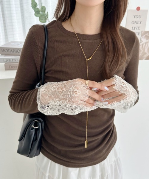 Eclat one(エクラワン)の「【細リブでスッキリ細見え】袖レースドッキング細リブニットプルオーバー(ニット/セーター・レディース・アイボリー/ブラック/ブラウン・FREE)」の13枚目の写真