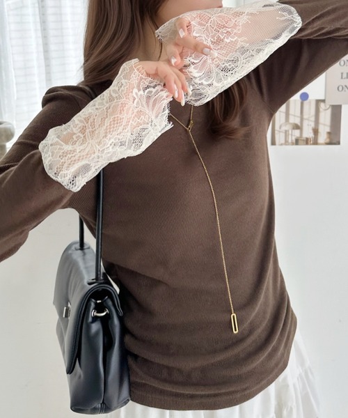 Eclat one(エクラワン)の「【細リブでスッキリ細見え】袖レースドッキング細リブニットプルオーバー(ニット/セーター・レディース・アイボリー/ブラック/ブラウン・FREE)」の17枚目の写真