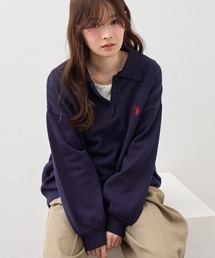 【U.S. POLO ASSN./ユーエスポロアッスン】ワンポイント刺繍 ケーブル編み ジャガード 長袖ニットポロ