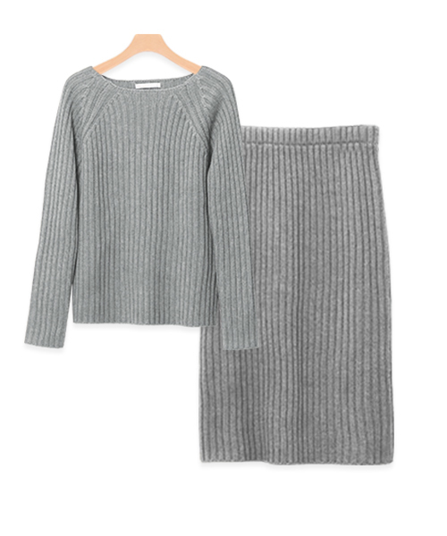 Pierrot（ピエロ）の「ボートネック リブニットセットアップ/ニットアップ（ワンピース・レディース・ネイビー/ベージュ/カーキ/杢グレー/ブラック・M/L）」の3枚目の写真