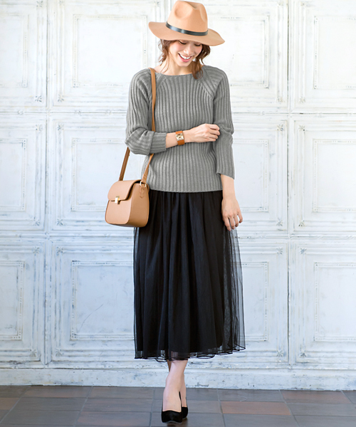 Pierrot（ピエロ）の「ボートネック リブニットセットアップ/ニットアップ（ワンピース・レディース・ネイビー/ベージュ/カーキ/杢グレー/ブラック・M/L）」の16枚目の写真