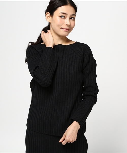 Pierrot（ピエロ）の「ボートネック リブニットセットアップ/ニットアップ（ワンピース・レディース・ネイビー/ベージュ/カーキ/杢グレー/ブラック・M/L）」の9枚目の写真