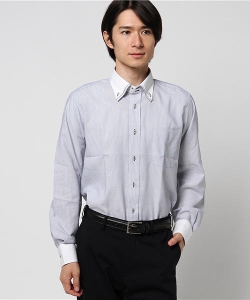 Taka Q タカキュー の タカキューメンズ Taka Q Men 形態安定 ノーアイロン 2枚衿ストライプ柄クレリックドゥエボタンダウンビジネス ドレス長袖シャツ ネイビー シャツ ブラウス Wear