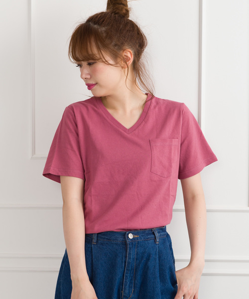 SpRay（スプレイ）の「ポケ付Ｖネック　Ｔシャツ（Tシャツ/カットソー・レディース・ホワイト/グレー/レッド/マスタード/カーキ/ネイビー/パープル/ホワイト×ブラック/ブラック/ピンク系その他/キャメル/ライトパープル/イエロー系その他/ベージュ・FREE）」の13枚目の写真