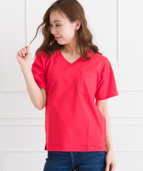 SpRay（スプレイ）の「ポケ付Ｖネック　Ｔシャツ（Tシャツ/カットソー・レディース・ホワイト/グレー/レッド/マスタード/カーキ/ネイビー/パープル/ホワイト×ブラック/ブラック/ピンク系その他/キャメル/ライトパープル/イエロー系その他/ベージュ・FREE）」の14枚目の写真