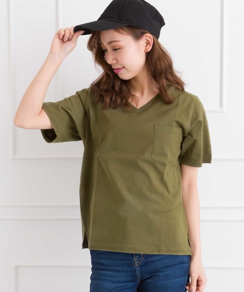 SpRay（スプレイ）の「ポケ付Ｖネック　Ｔシャツ（Tシャツ/カットソー・レディース・ホワイト/グレー/レッド/マスタード/カーキ/ネイビー/パープル/ホワイト×ブラック/ブラック/ピンク系その他/キャメル/ライトパープル/イエロー系その他/ベージュ・FREE）」の6枚目の写真