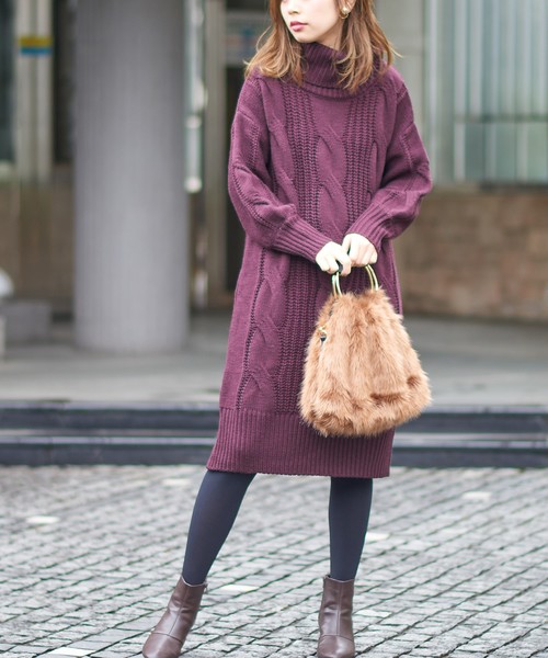 natural couture（ナチュラルクチュール）の「ビックケーブルタートルワンピ（ワンピース・レディース・ブラック/ベージュ/オフホワイト/ミント/パープル系その他・FREE）」の5枚目の写真