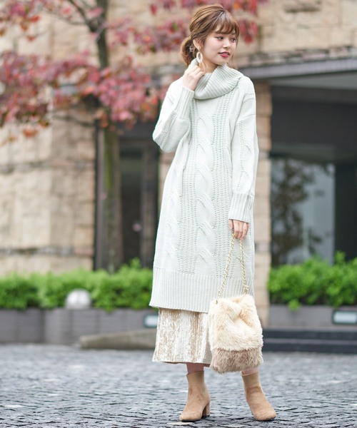 natural couture（ナチュラルクチュール）の「ビックケーブルタートルワンピ（ワンピース・レディース・ブラック/ベージュ/オフホワイト/ミント/パープル系その他・FREE）」の7枚目の写真