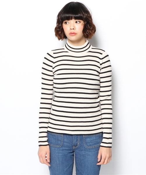 Chico（チコ）の「ボーダーリブハイネックニット（ニット/セーター・レディース・ブラック/ライトグリーン・FREE）」の3枚目の写真