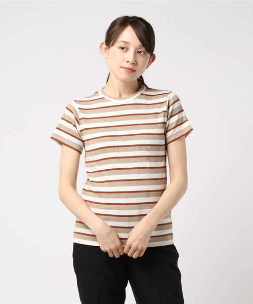 STYLEBLOCK（スタイルブロック）の「先染めマルチボーダーリブカットソー（Tシャツ/カットソー・レディース・ベージュ/パープル/ネイビー/サックスブルー・M）」の2枚目の写真