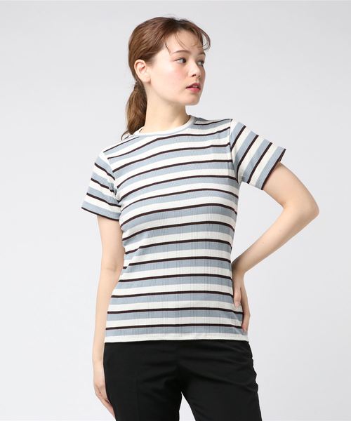 STYLEBLOCK（スタイルブロック）の「先染めマルチボーダーリブカットソー（Tシャツ/カットソー・レディース・ベージュ/パープル/ネイビー/サックスブルー・M）」の4枚目の写真