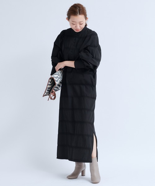 DouDou（ドゥドゥ）の「ボーダー織りパフギャザーワンピース（ワンピース・レディース・ブラック/ベージュ・FREE）」の8枚目の写真