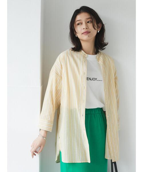 Green Parks(グリーンパークス)の「ストライプバンドカラー7分袖シャツ*(シャツ/ブラウス・レディース・サックスブルー/グリーン/イエロー・FREE)」の4枚目の写真