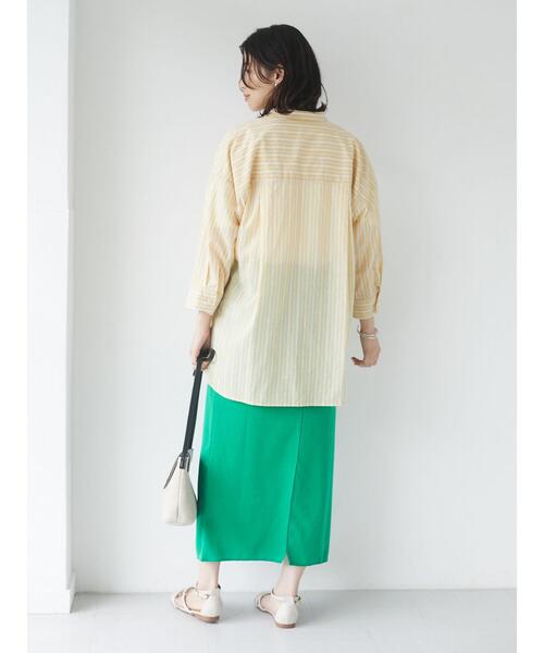 Green Parks(グリーンパークス)の「ストライプバンドカラー7分袖シャツ*(シャツ/ブラウス・レディース・サックスブルー/グリーン/イエロー・FREE)」の7枚目の写真