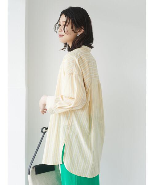 Green Parks(グリーンパークス)の「ストライプバンドカラー7分袖シャツ*(シャツ/ブラウス・レディース・サックスブルー/グリーン/イエロー・FREE)」の8枚目の写真