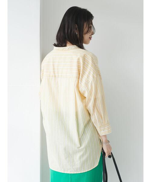 Green Parks(グリーンパークス)の「ストライプバンドカラー7分袖シャツ*(シャツ/ブラウス・レディース・サックスブルー/グリーン/イエロー・FREE)」の9枚目の写真