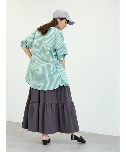 Green Parks(グリーンパークス)の「ストライプバンドカラー7分袖シャツ*(シャツ/ブラウス・レディース・サックスブルー/グリーン/イエロー・FREE)」の15枚目の写真