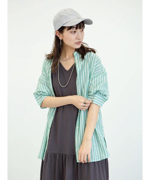 Green Parks(グリーンパークス)の「ストライプバンドカラー7分袖シャツ*(シャツ/ブラウス・レディース・サックスブルー/グリーン/イエロー・FREE)」の16枚目の写真