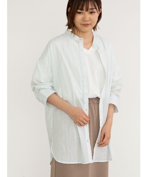 Green Parks(グリーンパークス)の「ストライプバンドカラー7分袖シャツ*(シャツ/ブラウス・レディース・サックスブルー/グリーン/イエロー・FREE)」の3枚目の写真