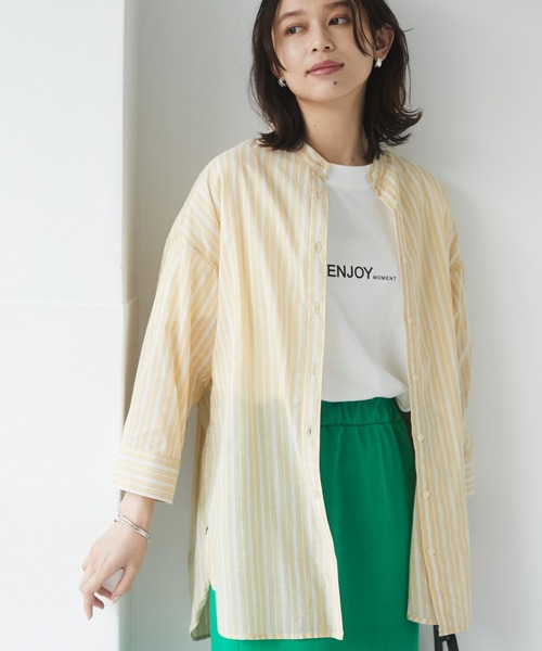 Green Parks(グリーンパークス)の「ストライプバンドカラー7分袖シャツ*(シャツ/ブラウス・レディース・サックスブルー/グリーン/イエロー・FREE)」の1枚目の写真