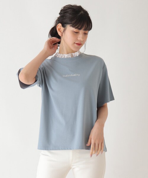Cutie Blonde（キューティーブロンド）の「◆【S-L】襟レースTシャツ（Tシャツ/カットソー・レディース・チャコールグレー/ライトブルー/ベージュ/ワインレッド・01/02/03）」の4枚目の写真