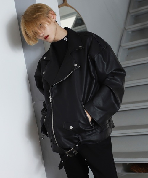 G.O.C(ジーオーシー)の「シンセティック レザー オーバーサイズ ダブル ライダース(ライダースジャケット・メンズ・ブラック/グレー・FREE)」の22枚目の写真