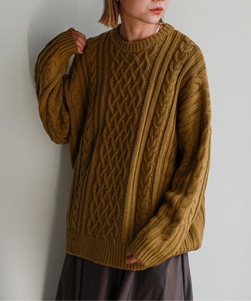 feepur（フェピュール）の「《ウォッシャブル》ケーブルニットビッグプルオーバー（ニット/セーター・レディース・杢グレー/グリーン系その他/ブラック/オフホワイト・MEDIUM）」の4枚目の写真