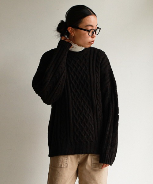 feepur（フェピュール）の「《ウォッシャブル》ケーブルニットビッグプルオーバー（ニット/セーター・レディース・杢グレー/グリーン系その他/ブラック/オフホワイト・MEDIUM）」の3枚目の写真