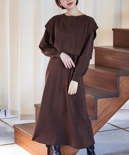 mysty woman（ミスティウーマン）の「ツインベスト・ニットワンピース 237321（ワンピース・レディース・ブラウン/オフホワイト/グリーン系その他・FREE）」の3枚目の写真