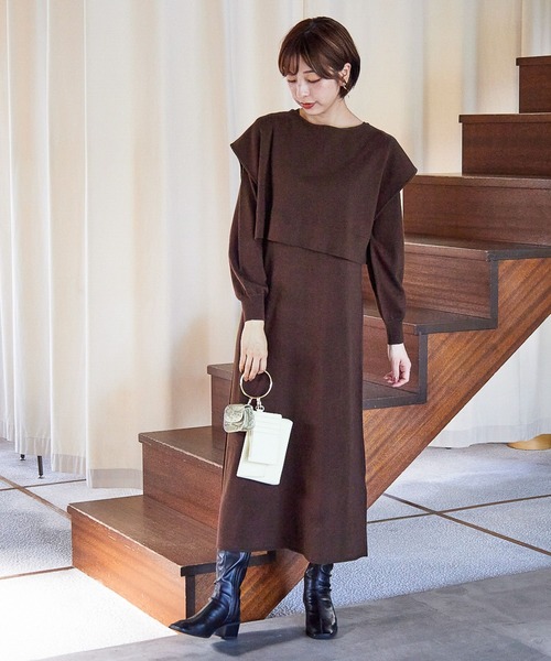 mysty woman（ミスティウーマン）の「ツインベスト・ニットワンピース 237321（ワンピース・レディース・ブラウン/オフホワイト/グリーン系その他・FREE）」の4枚目の写真