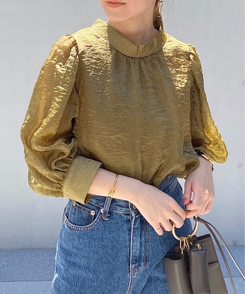 StyleSea(スタイルシー)の「スタンドカラーボリュームスリーブブラウス(シャツ/ブラウス・レディース・ブラック/オリーブ/キャメル・FREE)」の1枚目の写真