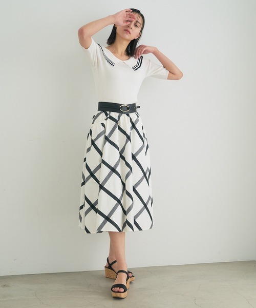 【051】アナイ　ビックチェックギャザー　スカート　白黒　　B ANAYI（アナイ）の「ビックチェックギャザー スカート（スカート