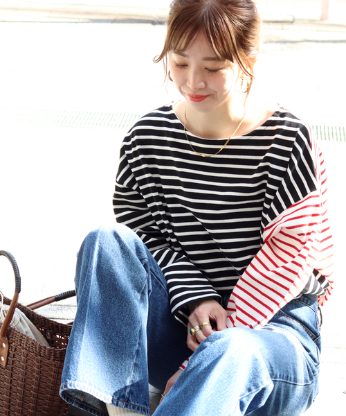 Simplicite(サンプリシテ)の「クレイジーボーダーバスクプルオーバー◆(Tシャツ/カットソー・レディース・ブラック/ブルー系その他・FREE)」の1枚目の写真