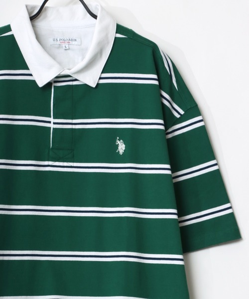 U.S. POLO ASSN.(ユーエスポロアッスン)の「U.S. POLO ASSN./ユーエスポロアッスン オーバーサイズ マルチボーダー ロゴ ワンポイント刺繍 半袖ラガーシャツ/レディース メンズ(ポロシャツ・メンズ・ホワイト/ブラック/ネイビー/グリーン・LL/M/L)」の4枚目の写真