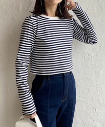 クルーネックボーダー長袖プルオーバークロップドロングTシャツ
