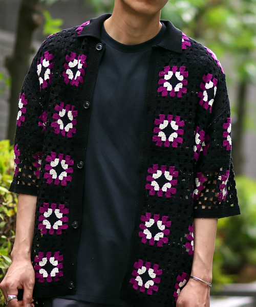 B.C STOCK（ベーセーストック）の「CRH FLOWER CROCHET ポロシャツ（ニット/セーター・メンズ・ホワイト/ブラック/グリーン・MEDIUM/LARGE）」の8枚目の写真