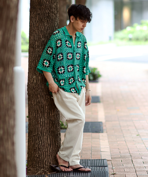 B.C STOCK（ベーセーストック）の「CRH FLOWER CROCHET ポロシャツ（ニット/セーター・メンズ・ホワイト/ブラック/グリーン・MEDIUM/LARGE）」の10枚目の写真