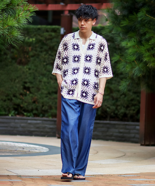 B.C STOCK（ベーセーストック）の「CRH FLOWER CROCHET ポロシャツ（ニット/セーター・メンズ・ホワイト/ブラック/グリーン・MEDIUM/LARGE）」の13枚目の写真