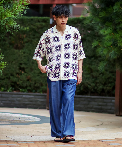 B.C STOCK（ベーセーストック）の「CRH FLOWER CROCHET ポロシャツ（ニット/セーター・メンズ・ホワイト/ブラック/グリーン・MEDIUM/LARGE）」の14枚目の写真