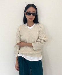 ウール混ラウンドVネックリブニット