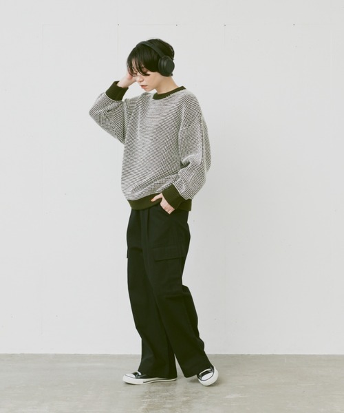 flaner（フラネ）の「Loose bi-color waffle knit/ルーズバイカラーワッフルニット（ニット/セーター・レディース・カーキ/ネイビー・MEDIUM/LARGE）」の14枚目の写真