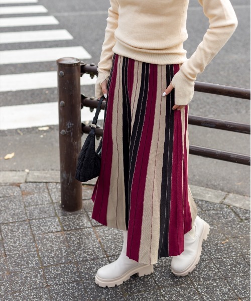 MAISON Special フワフワニットストライプロングスカート ストライプ ニット ロングスカート モダン マキシ丈 バイカラー