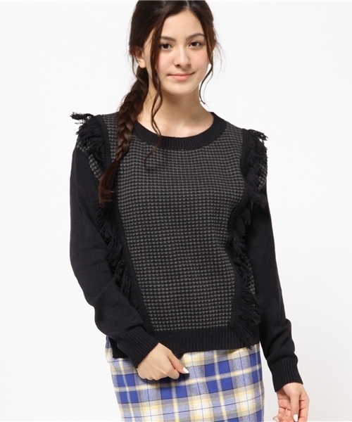 OUTLET（アウトレット）の「【Kastane】柄編ミフリンジプルオーバー（ニット/セーター・レディース・グレー/アイボリー/ネイビー/オレンジ・FREE）」の3枚目の写真