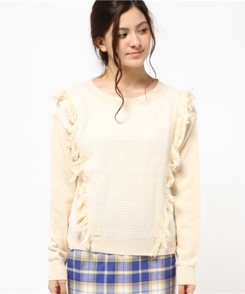 OUTLET（アウトレット）の「【Kastane】柄編ミフリンジプルオーバー（ニット/セーター・レディース・グレー/アイボリー/ネイビー/オレンジ・FREE）」の5枚目の写真