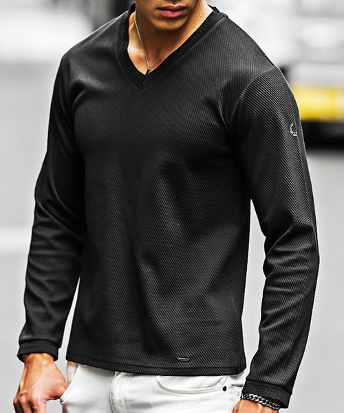 SOMEDIFF（サムディフ）の「カルゼVネック長袖Tシャツ メンズ 春服（Tシャツ/カットソー・メンズ・ボルドー/ブラック/ホワイト・L/M/XL）」の9枚目の写真